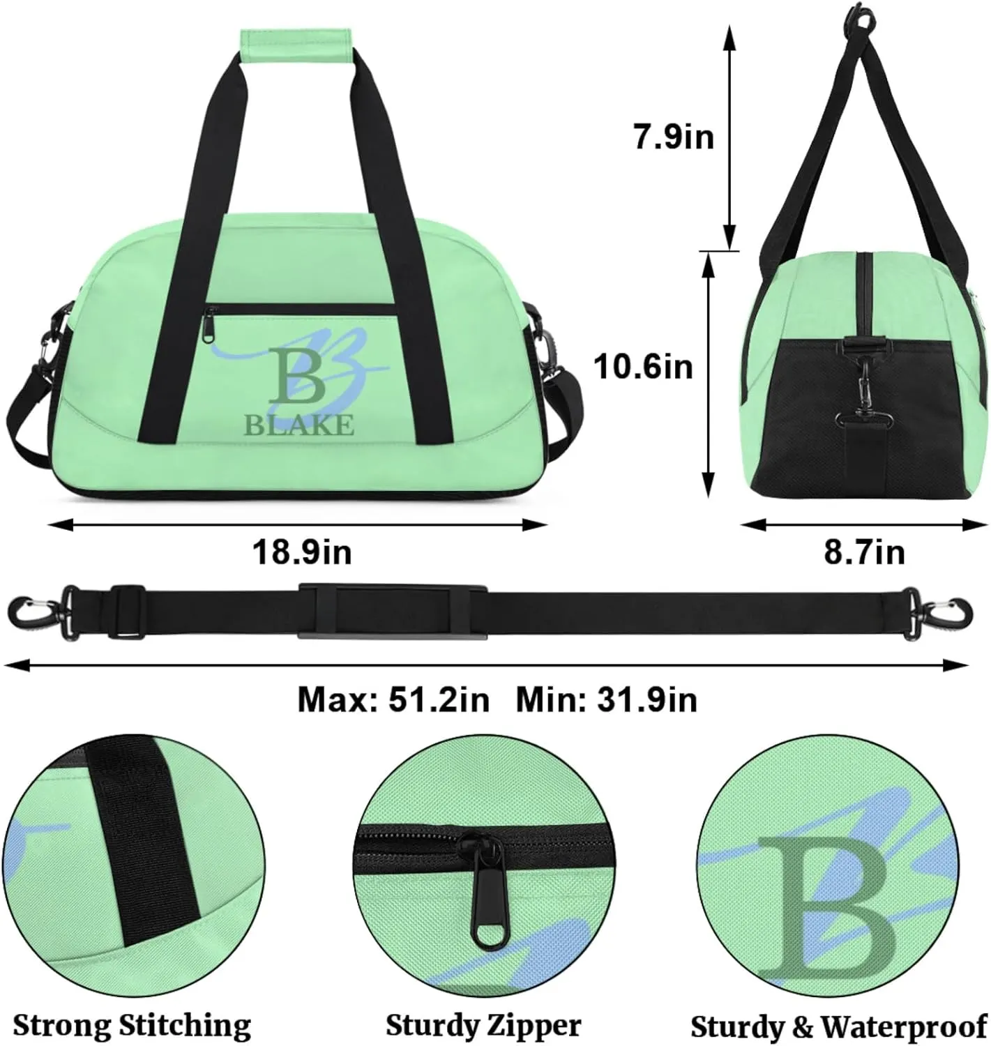 Personalize-Kids-Duffel-Bags With Custom Capital Name Text Dance-Sports-Bags Lightweight Carry-On Overnight Travel Gym for Girls Boys,Light Green