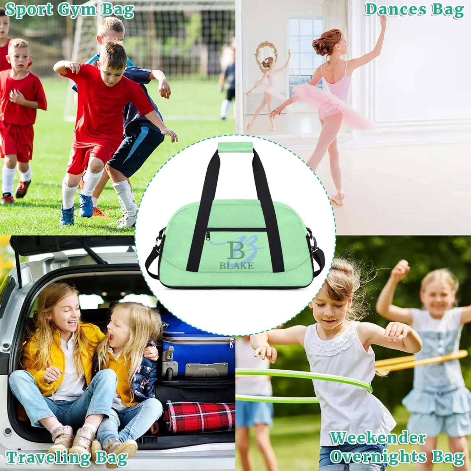 Personalize-Kids-Duffel-Bags With Custom Capital Name Text Dance-Sports-Bags Lightweight Carry-On Overnight Travel Gym for Girls Boys,Light Green
