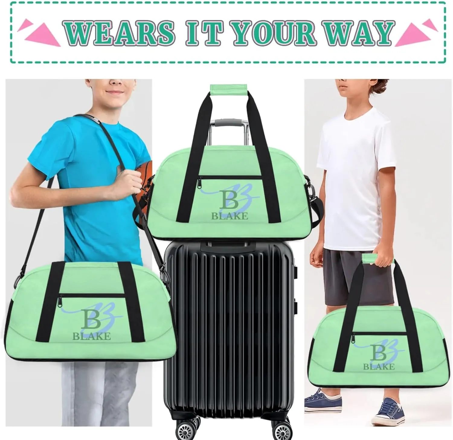 Personalize-Kids-Duffel-Bags With Custom Capital Name Text Dance-Sports-Bags Lightweight Carry-On Overnight Travel Gym for Girls Boys,Light Green