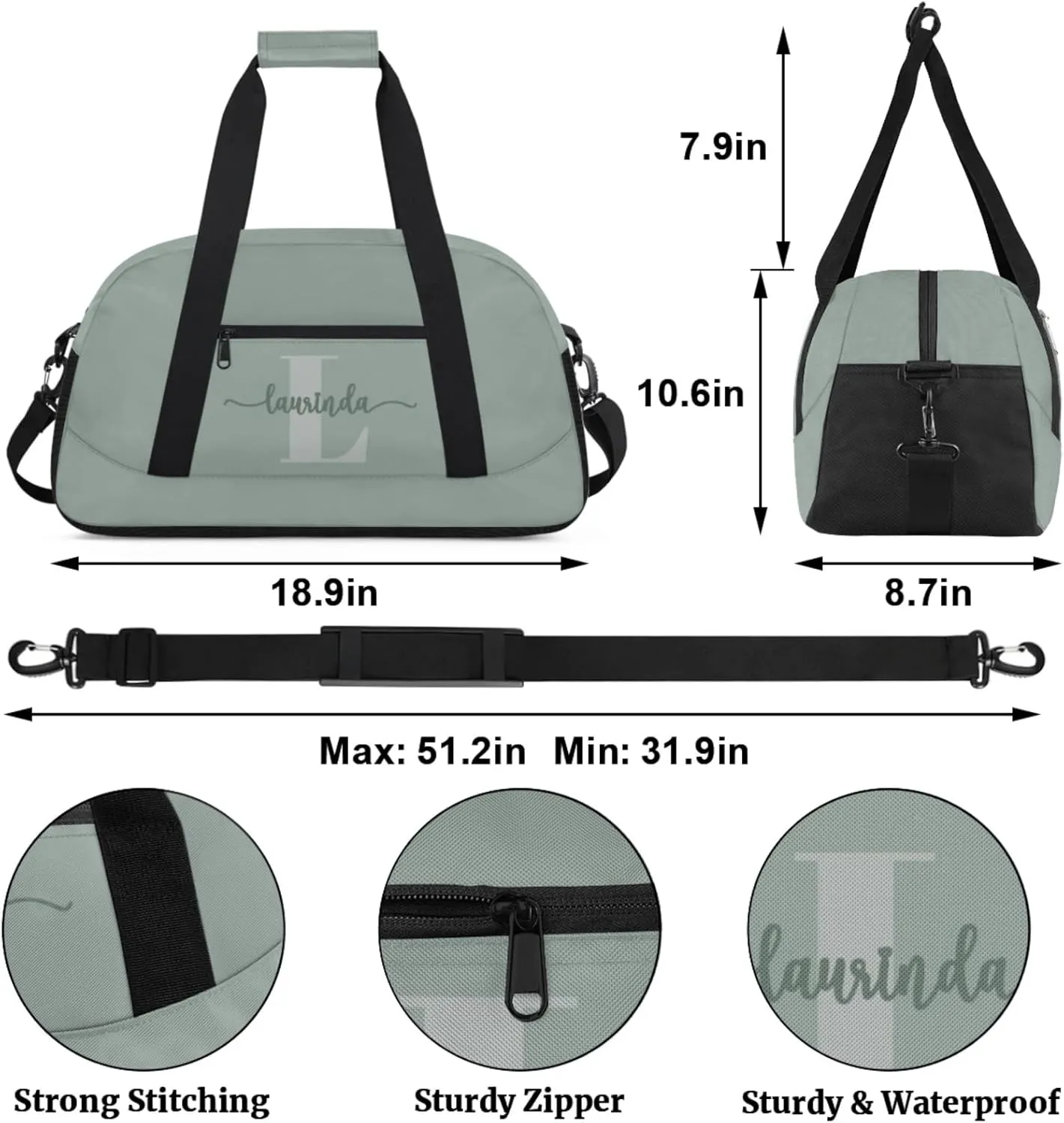 Personalize-Kids-Duffel-Bags With Custom Initial Name Dance-Sports-Bags Lightweight Carry-On Overnight Travel Gym for Girls Boys,Cool Gray