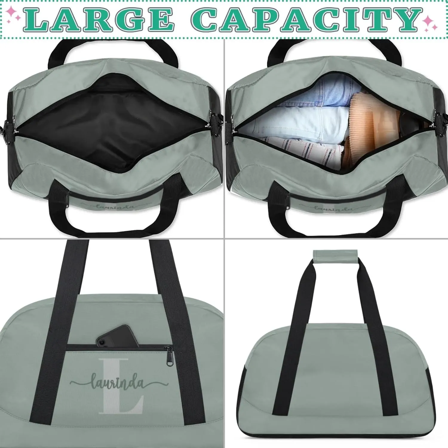 Personalize-Kids-Duffel-Bags With Custom Initial Name Dance-Sports-Bags Lightweight Carry-On Overnight Travel Gym for Girls Boys,Cool Gray