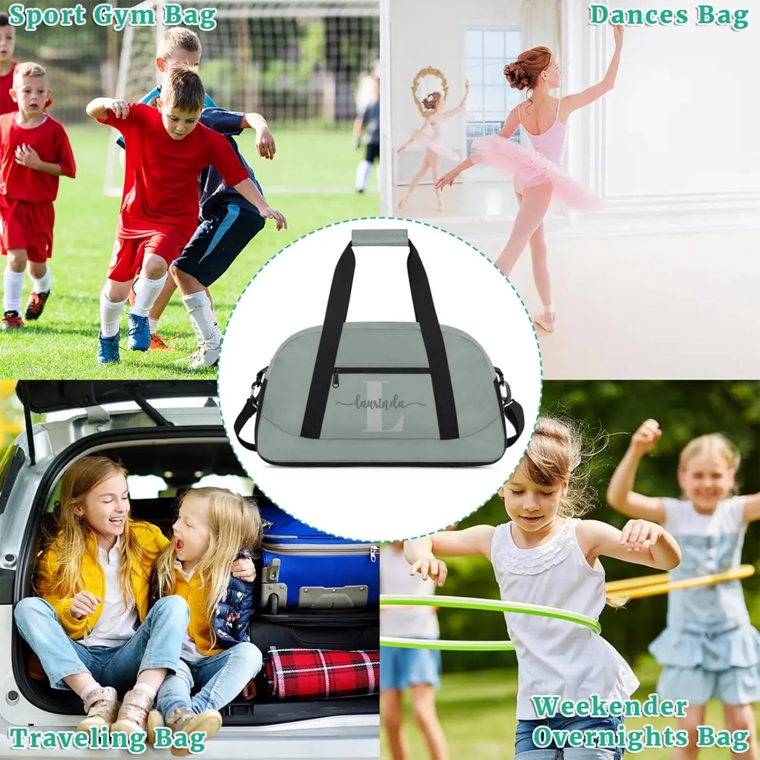 Personalize-Kids-Duffel-Bags With Custom Initial Name Dance-Sports-Bags Lightweight Carry-On Overnight Travel Gym for Girls Boys,Cool Gray