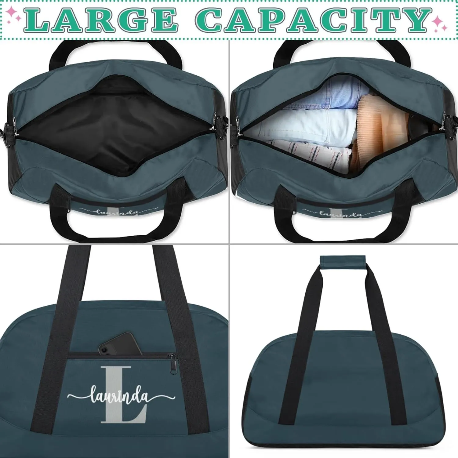 Personalize-Kids-Duffel-Bags With Custom Initial Name Dance-Sports-Bags Lightweight Carry-On Overnight Travel Gym for Girls Boys,Dark Blue-Gray