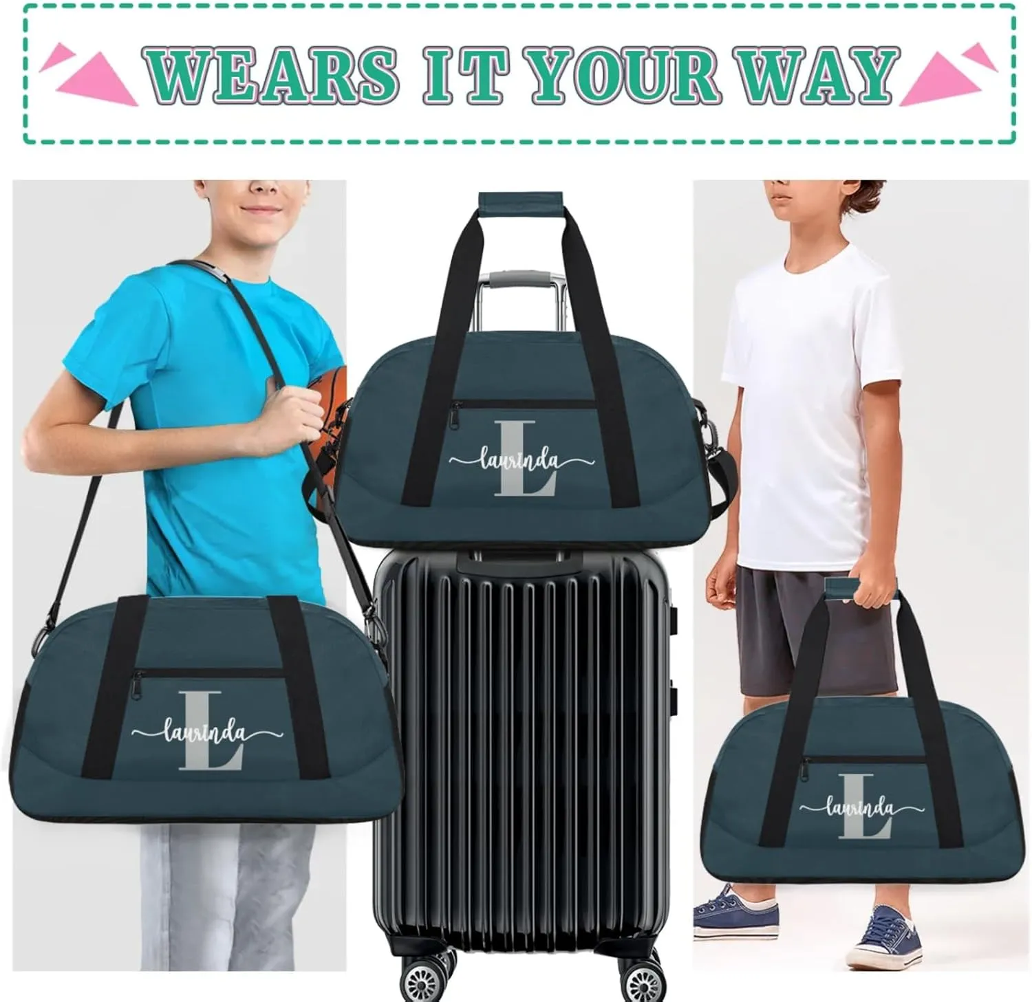 Personalize-Kids-Duffel-Bags With Custom Initial Name Dance-Sports-Bags Lightweight Carry-On Overnight Travel Gym for Girls Boys,Dark Blue-Gray