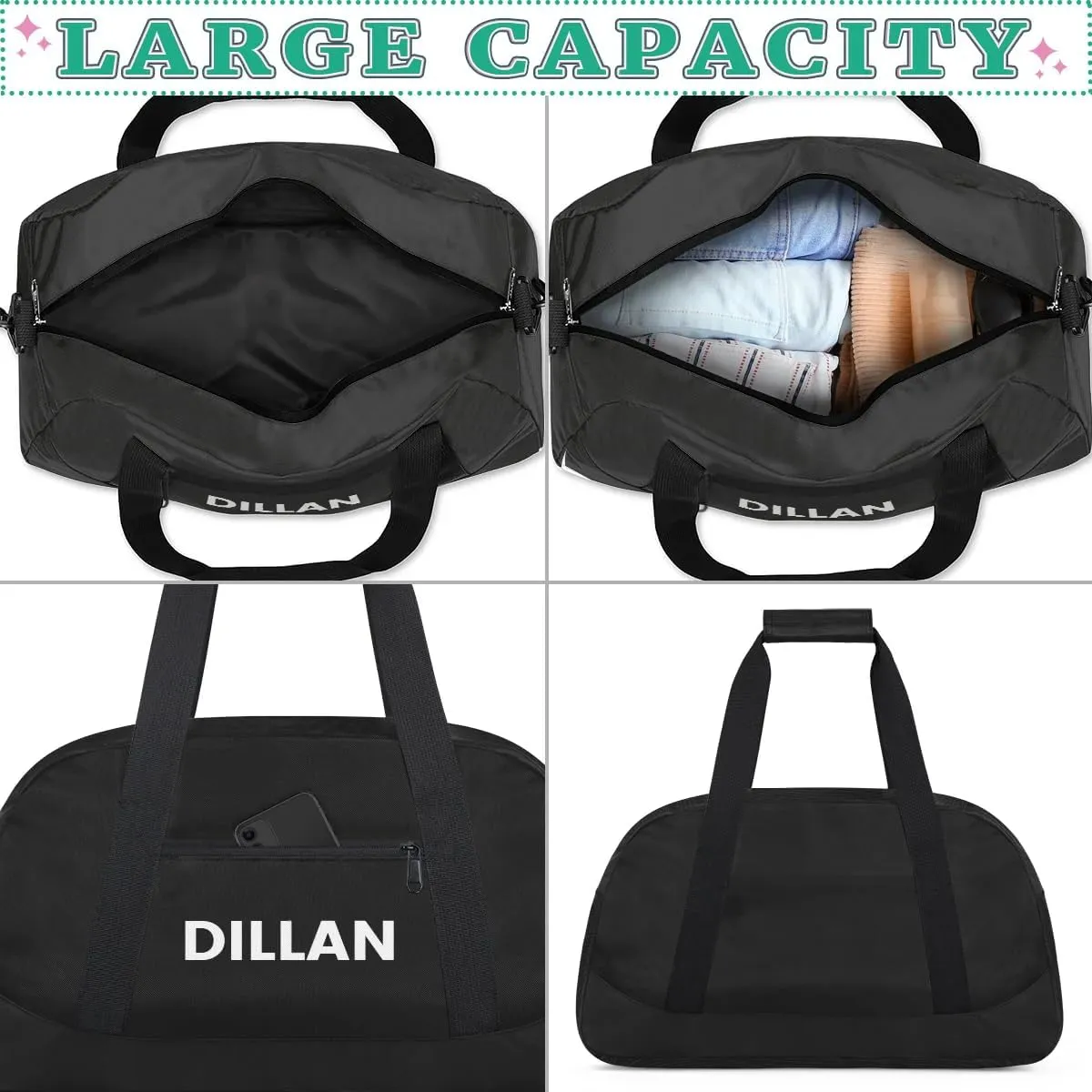 Personalize-Kids-Duffel-Bags With Custom Name Text Carry-On Overnight Travel Gym Lightweight Dance Sports Bags For Girls Boys Kids,Black