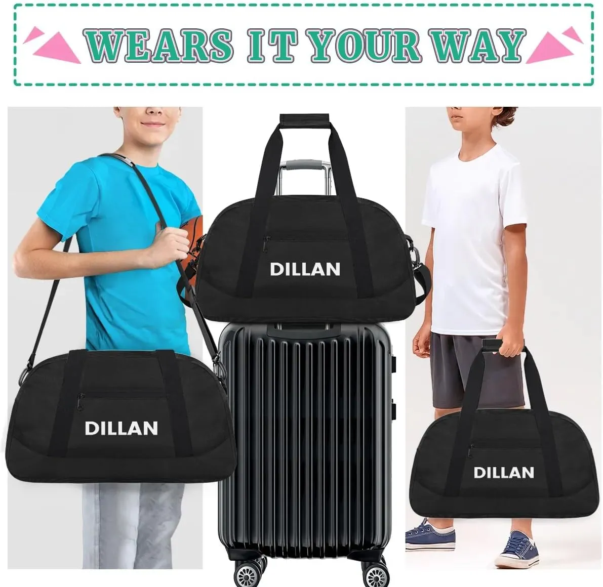 Personalize-Kids-Duffel-Bags With Custom Name Text Carry-On Overnight Travel Gym Lightweight Dance Sports Bags For Girls Boys Kids,Black