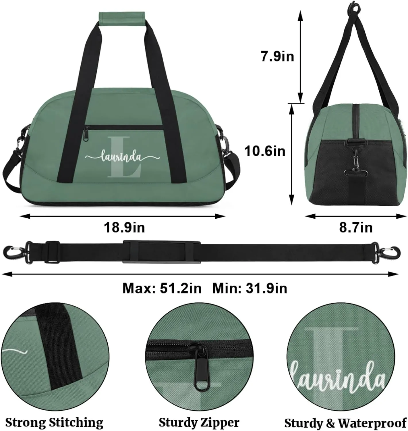 Personalize-Kids-Green-Duffel-Bags With Custom Initial Name Dance-Sports-Bags Lightweight Carry-On Overnight Gym Travel for Girls Boys