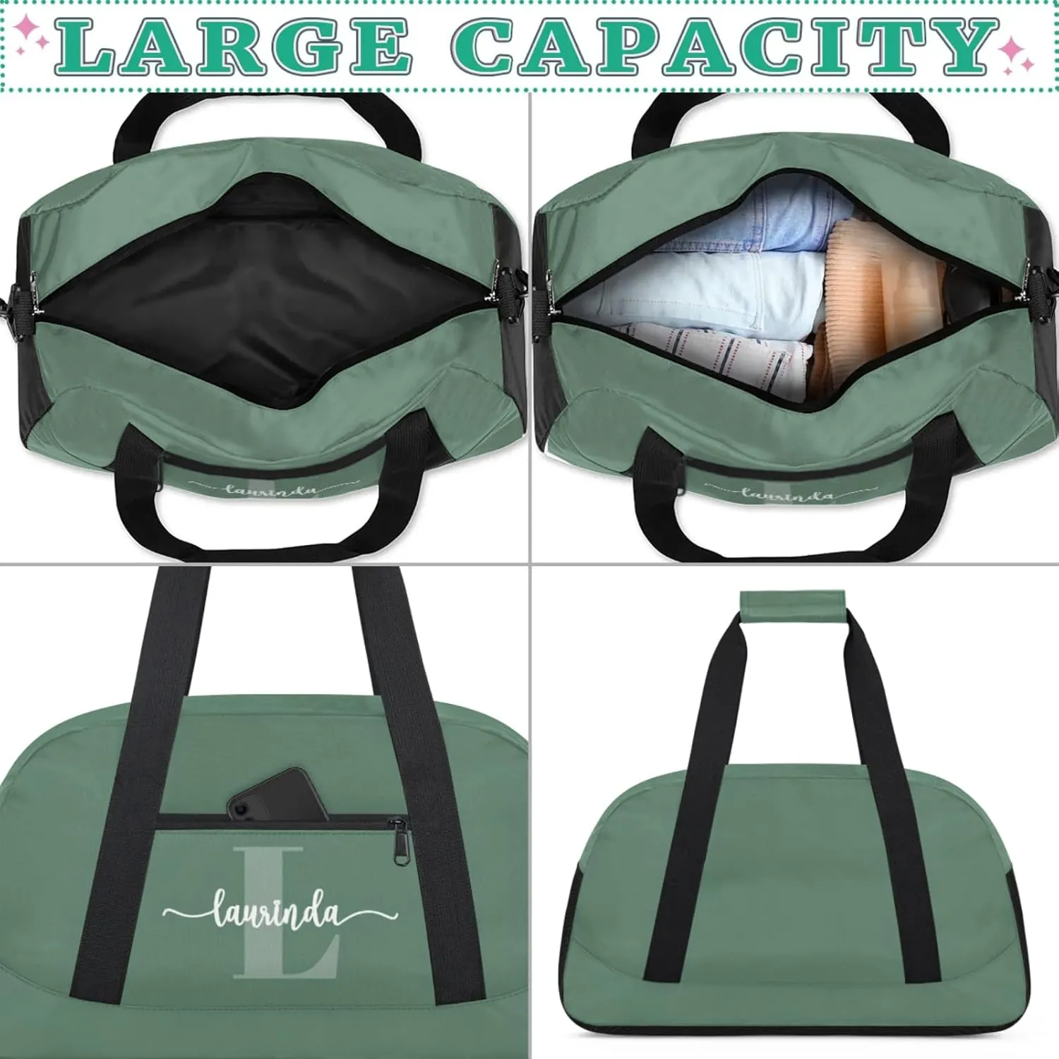 Personalize-Kids-Green-Duffel-Bags With Custom Initial Name Dance-Sports-Bags Lightweight Carry-On Overnight Gym Travel for Girls Boys