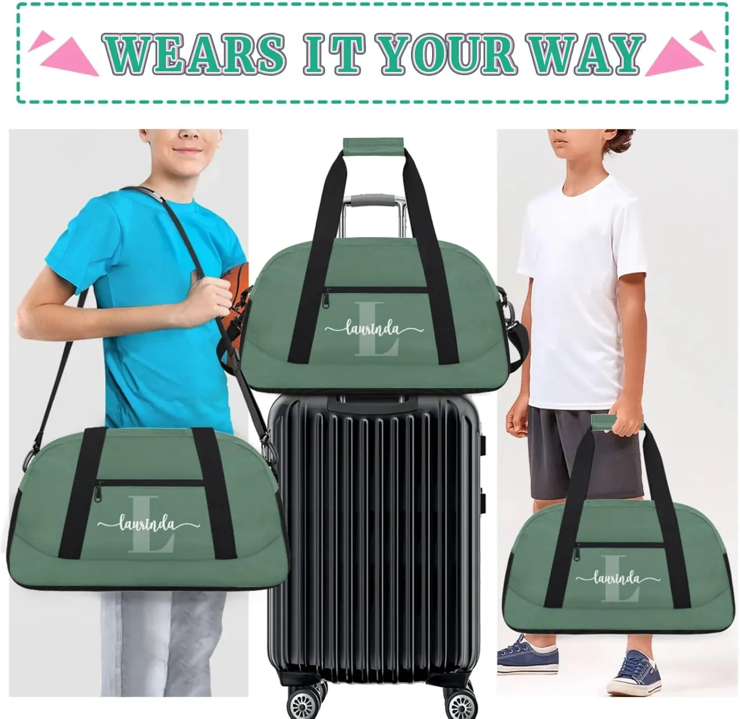 Personalize-Kids-Green-Duffel-Bags With Custom Initial Name Dance-Sports-Bags Lightweight Carry-On Overnight Gym Travel for Girls Boys