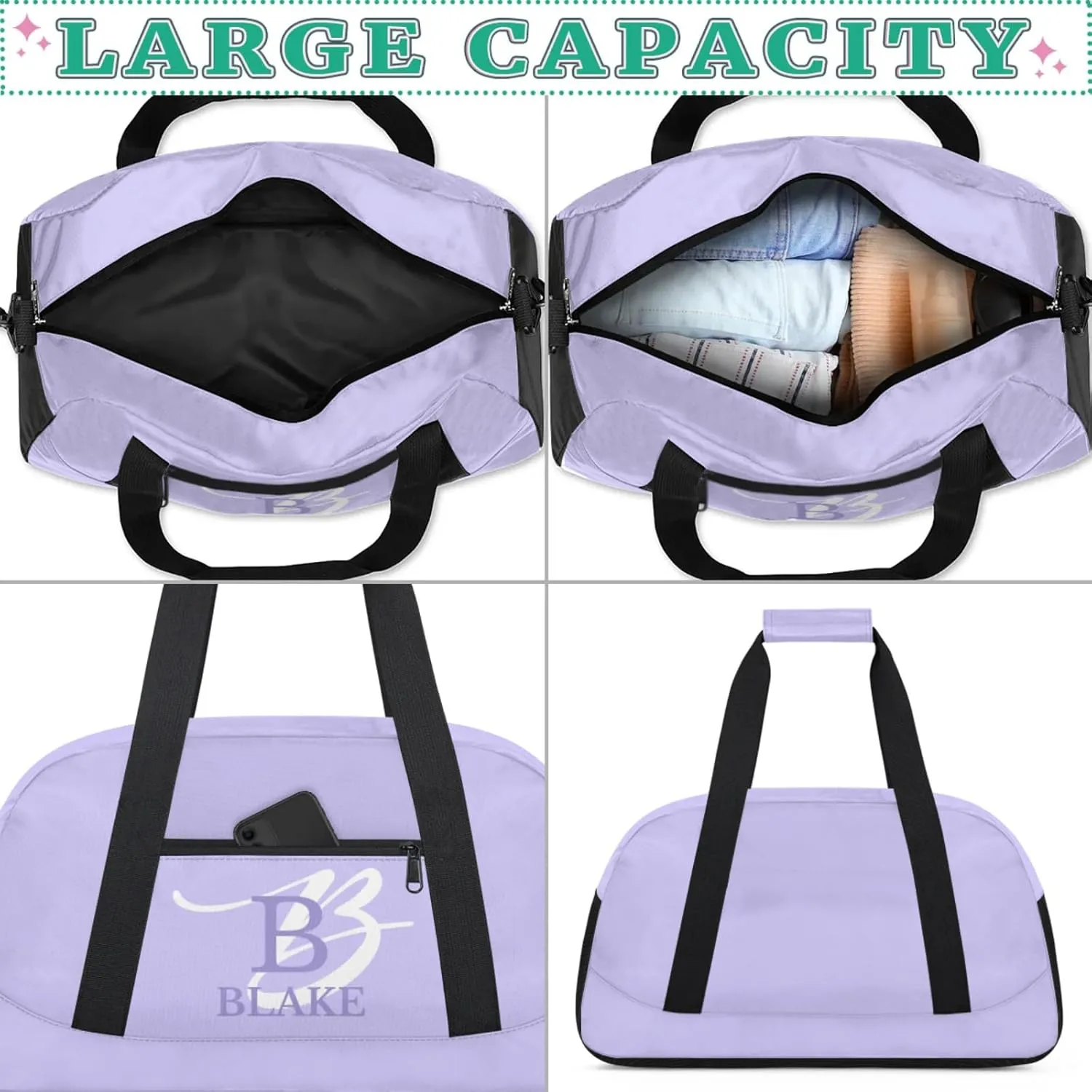 Personalize-Kids-Purple-Duffel-Bags With Custom Capital Name Text Dance-Sports-Bags Lightweight Carry-On Overnight Travel Gym for Girls Boys