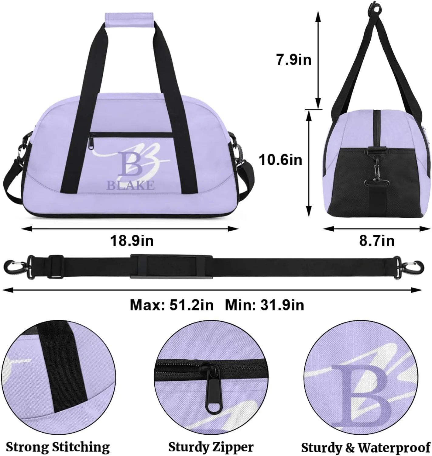 Personalize-Kids-Purple-Duffel-Bags With Custom Capital Name Text Dance-Sports-Bags Lightweight Carry-On Overnight Travel Gym for Girls Boys