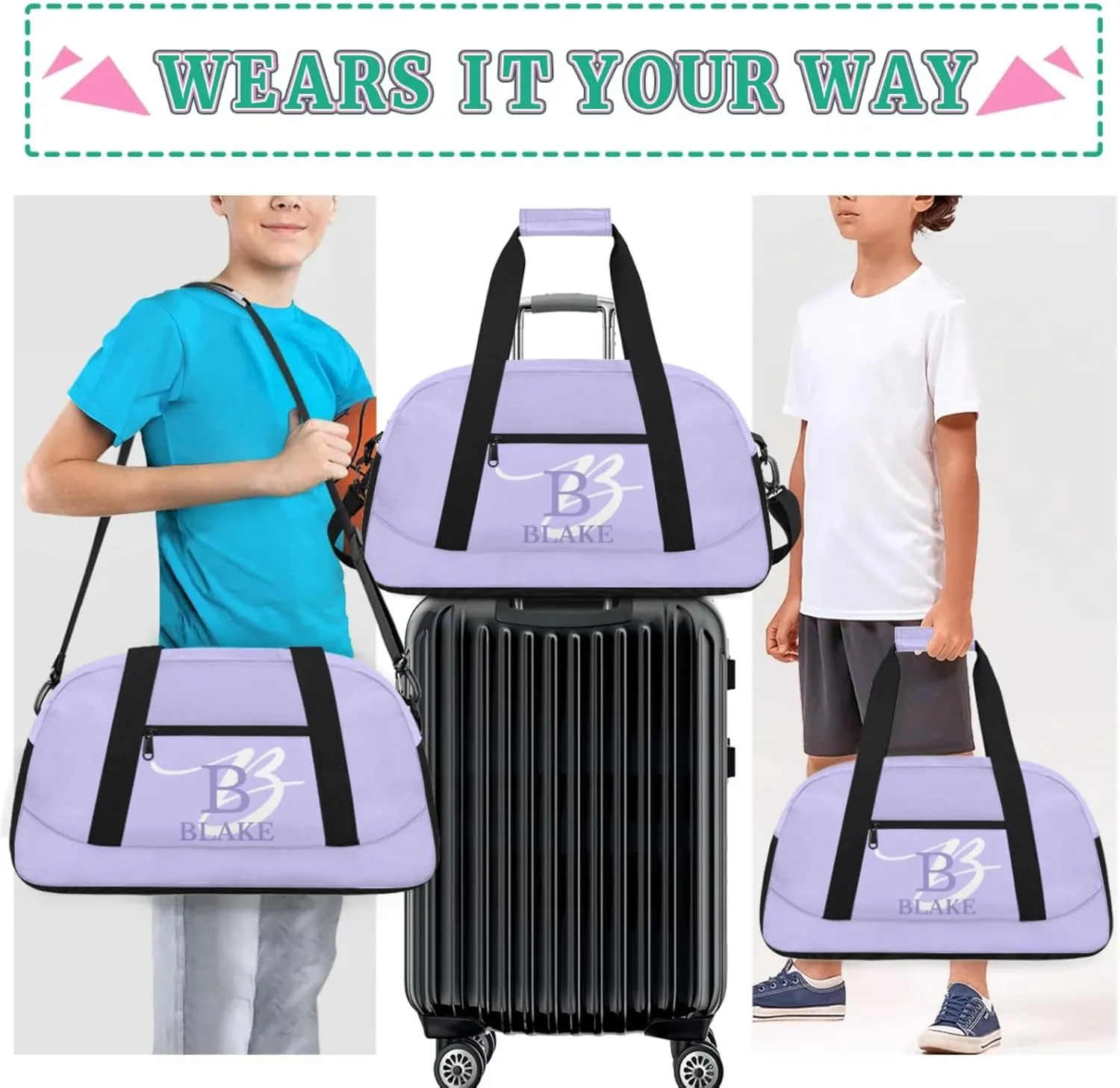 Personalize-Kids-Purple-Duffel-Bags With Custom Capital Name Text Dance-Sports-Bags Lightweight Carry-On Overnight Travel Gym for Girls Boys
