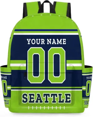 Personalized American Football Backpack Bags with Name, Rugby Custom Large Capacity Waterproof Shoulder Bags, Casual Daypack, Seattle
