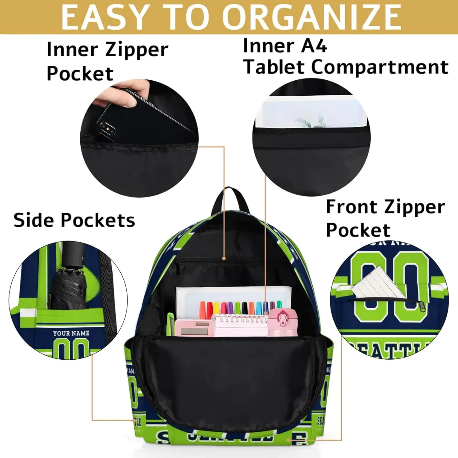 Personalized American Football Backpack Bags with Name, Rugby Custom Large Capacity Waterproof Shoulder Bags, Casual Daypack, Seattle