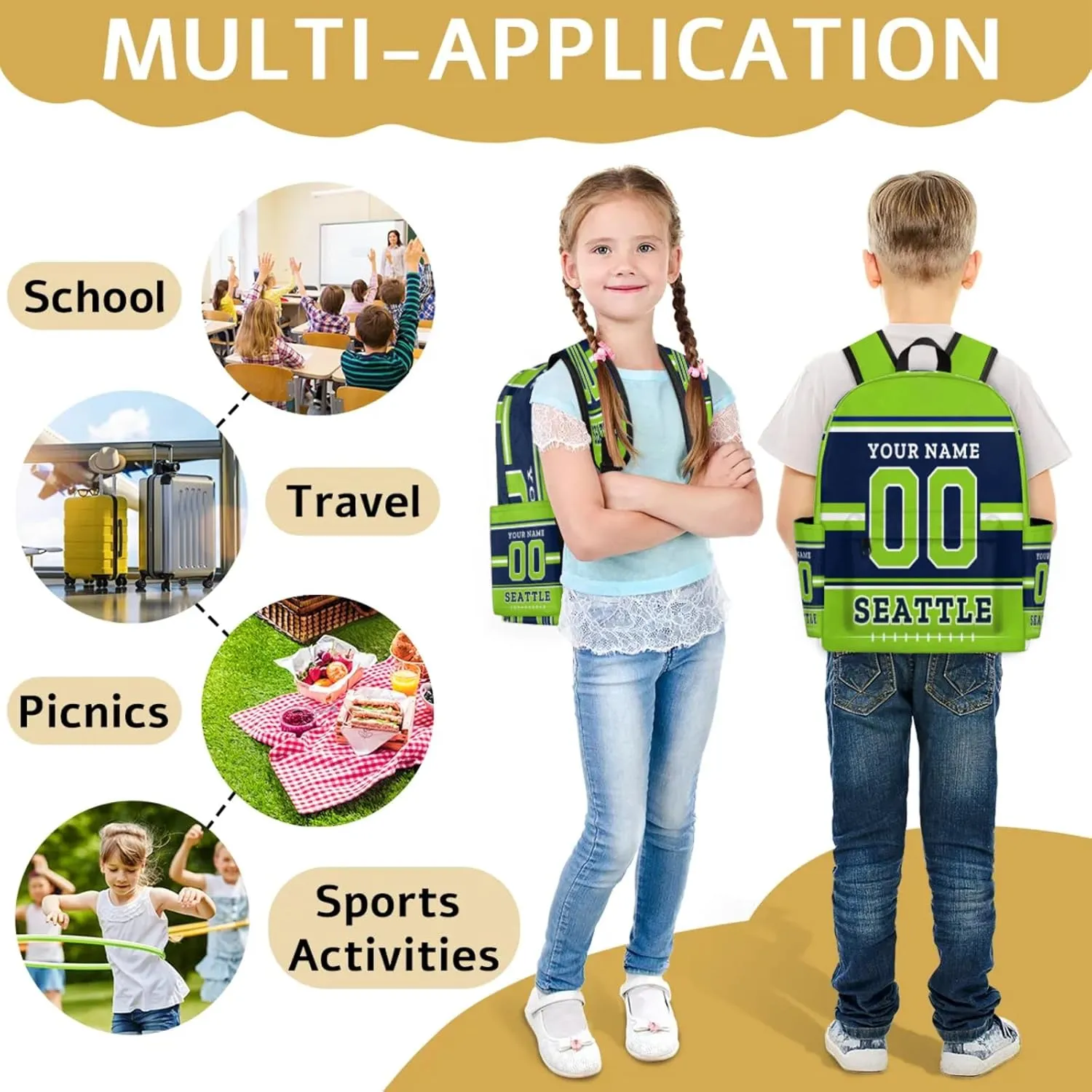 Personalized American Football Backpack Bags with Name, Rugby Custom Large Capacity Waterproof Shoulder Bags, Casual Daypack, Seattle
