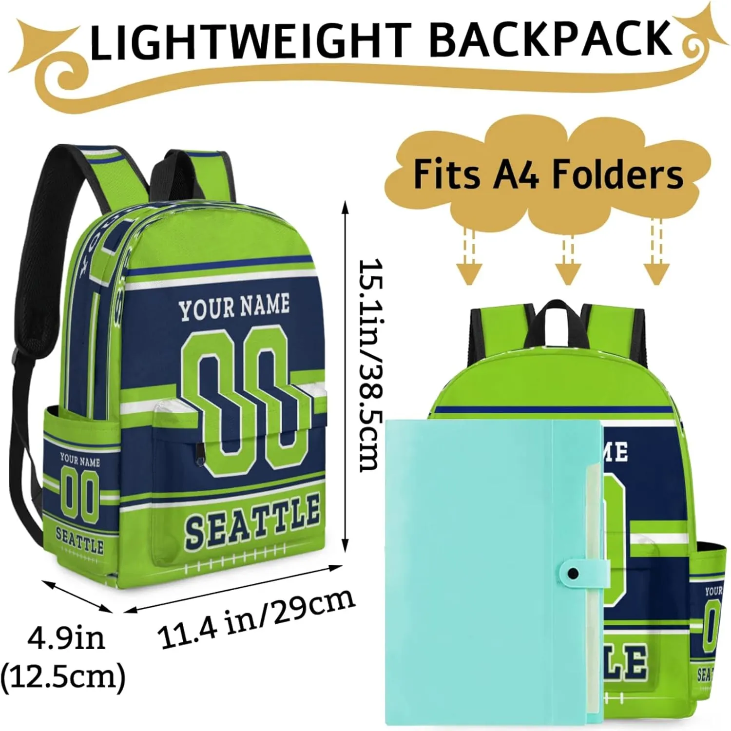 Personalized American Football Backpack Bags with Name, Rugby Custom Large Capacity Waterproof Shoulder Bags, Casual Daypack, Seattle
