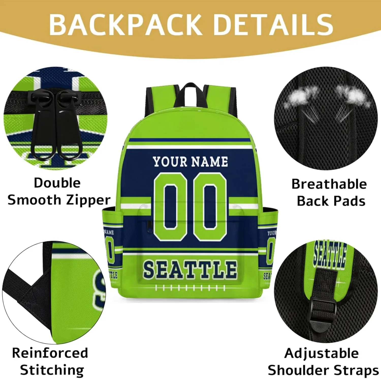 Personalized American Football Backpack Bags with Name, Rugby Custom Large Capacity Waterproof Shoulder Bags, Casual Daypack, Seattle