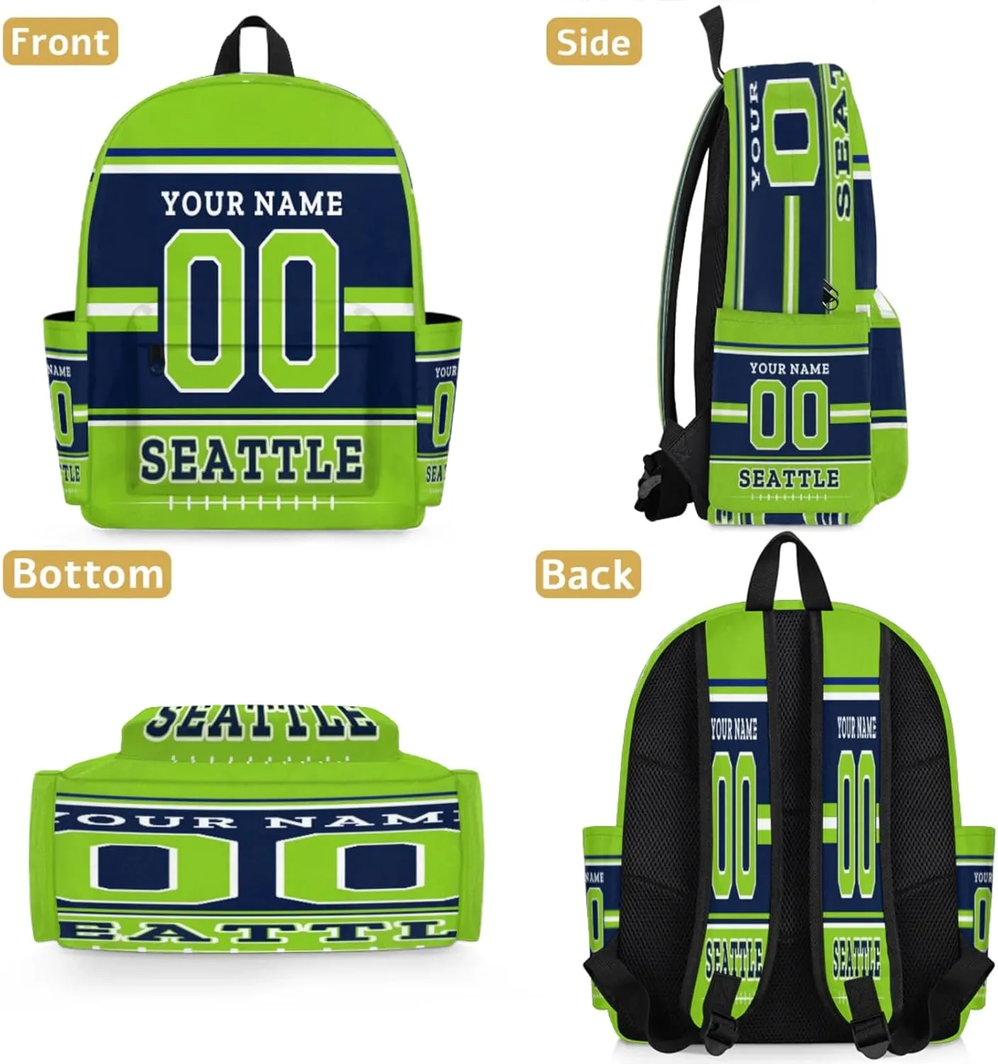 Personalized American Football Backpack Bags with Name, Rugby Custom Large Capacity Waterproof Shoulder Bags, Casual Daypack, Seattle