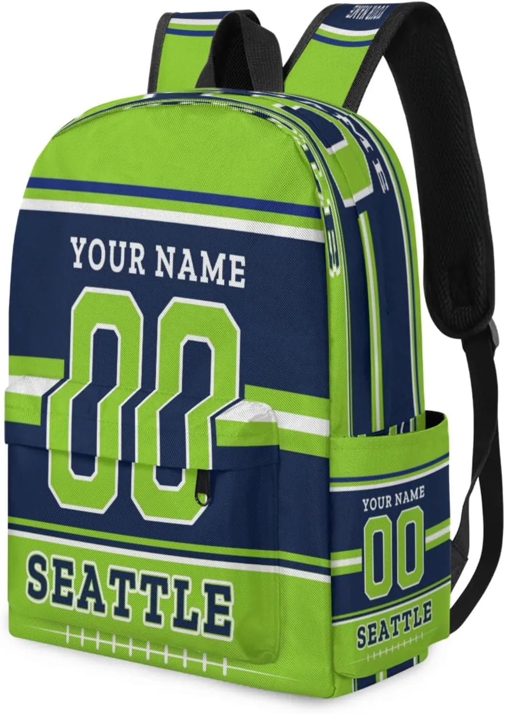 Personalized American Football Backpack Bags with Name, Rugby Custom Large Capacity Waterproof Shoulder Bags, Casual Daypack, Seattle
