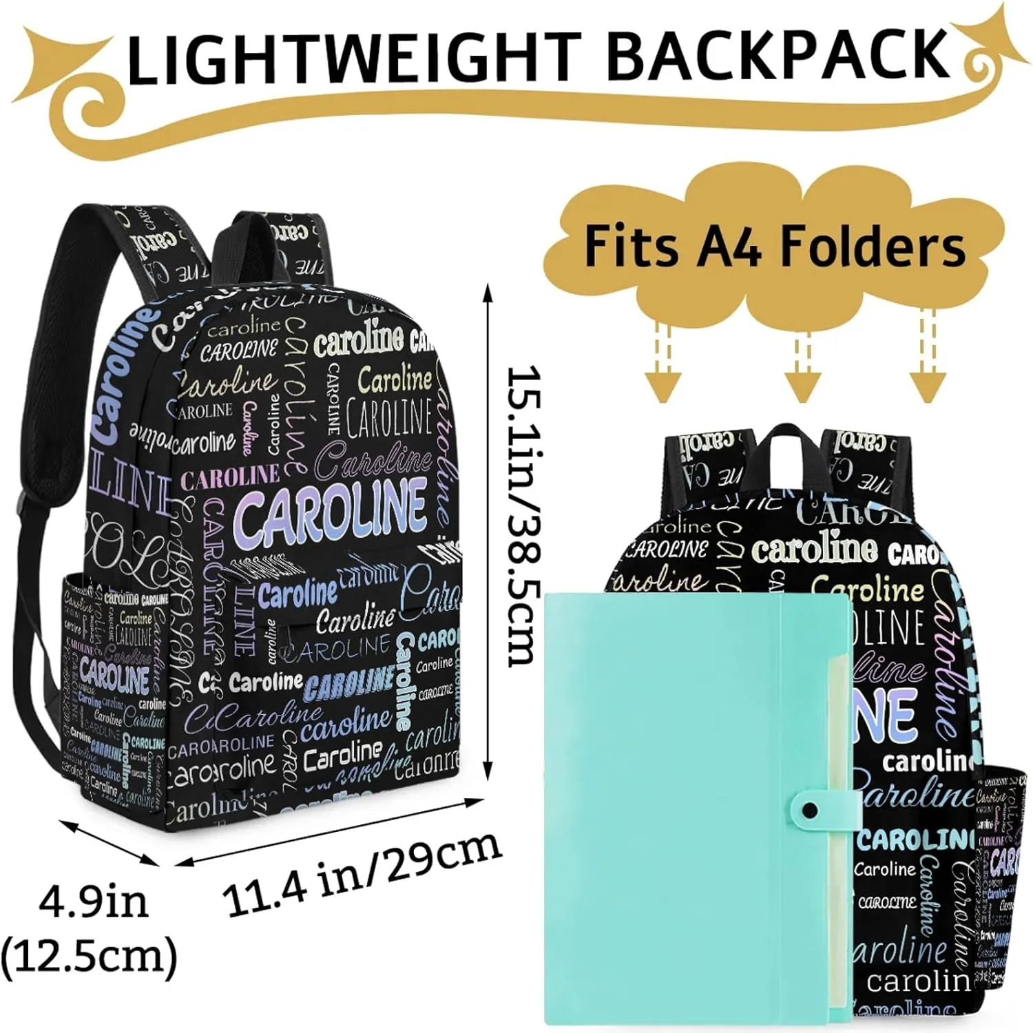 Personalized Backpack Bag with Name Lightweight Custom Shoulder Bags Waterproof Casual Backpacks Travel Laptop Bag 15.1in, Colorful Blue