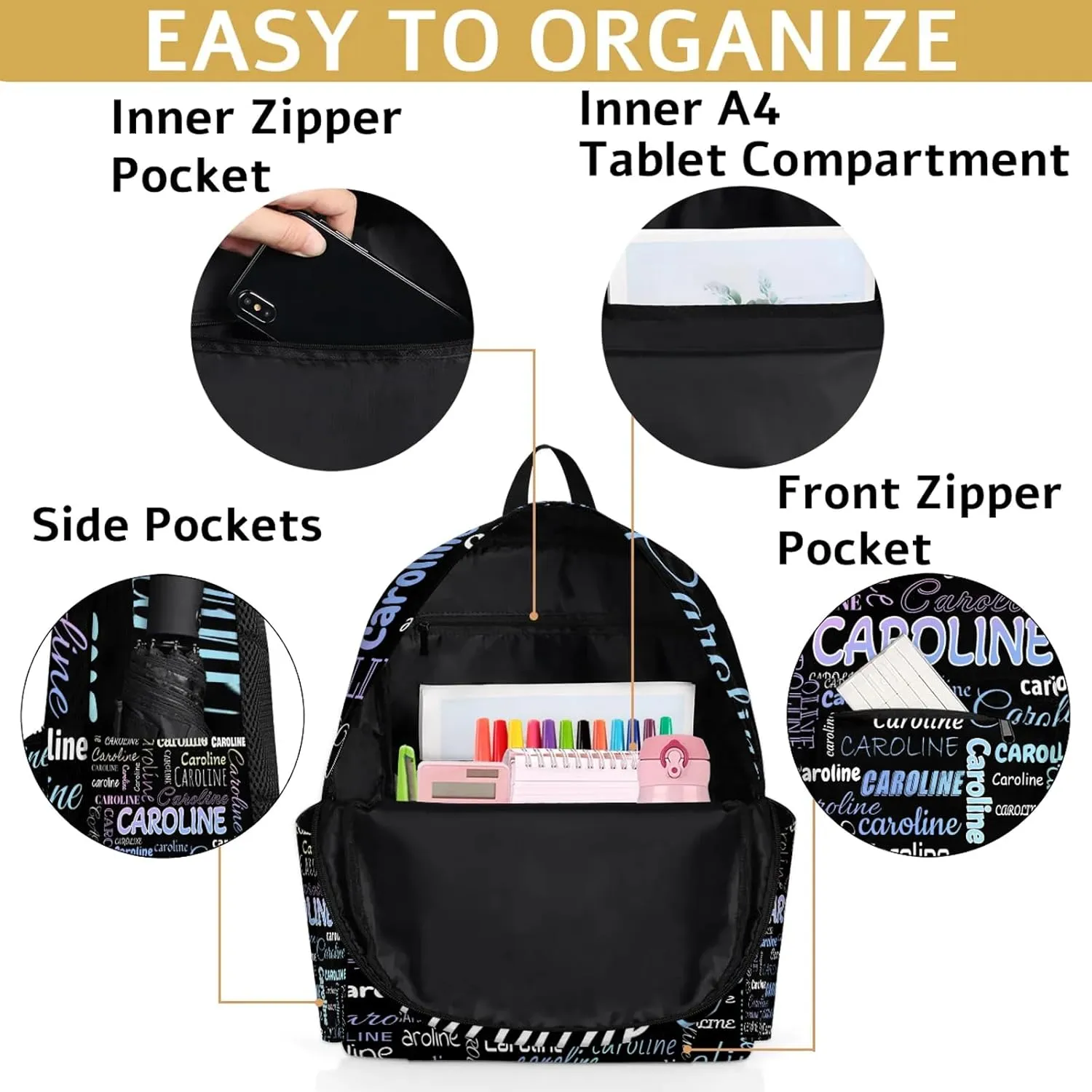 Personalized Backpack Bag with Name Lightweight Custom Shoulder Bags Waterproof Casual Backpacks Travel Laptop Bag 15.1in, Colorful Blue