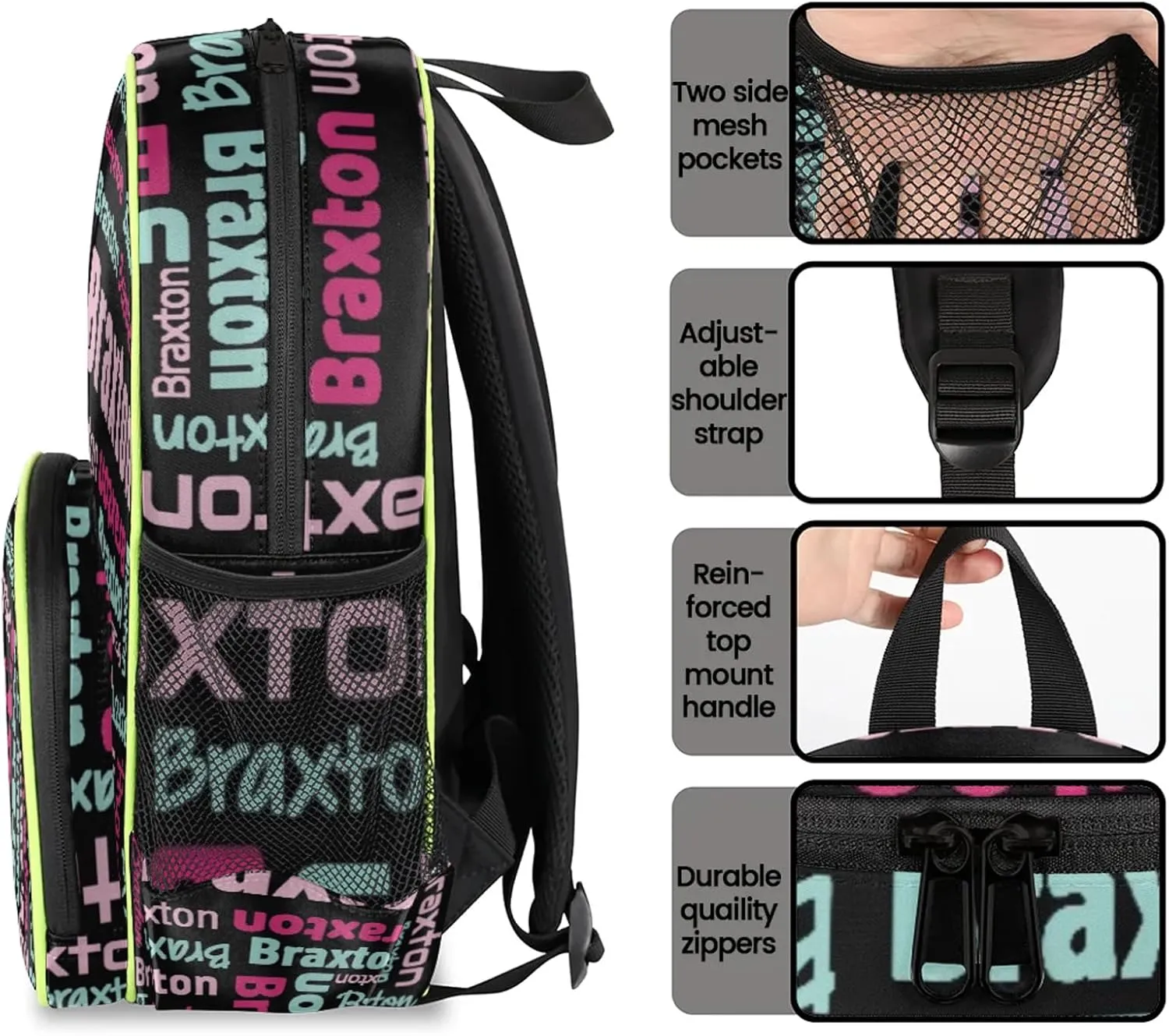 Personalized Backpacks with Name Customized Shoulder Bag Gifts for Women Men Waterproof Travel Casual Backpack 14.2in, Black Pink