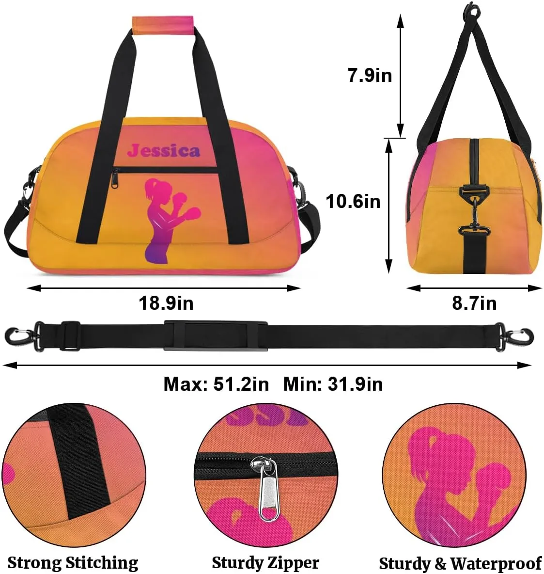 Personalized Boxing Duffel Bag for Girls, Custom Gym Bag Overnight Bags for Travel Weekender Practice