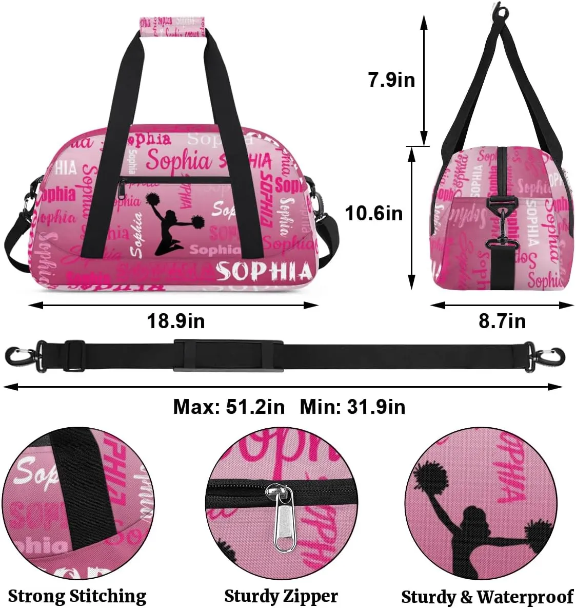 Personalized Cheer Bag Cheerleader Bag Gymnastics Bags, Custom Cheerleader Sport Duffel Gym Bags Travel Overnight Weekender Bags, Dark Pink Gradient