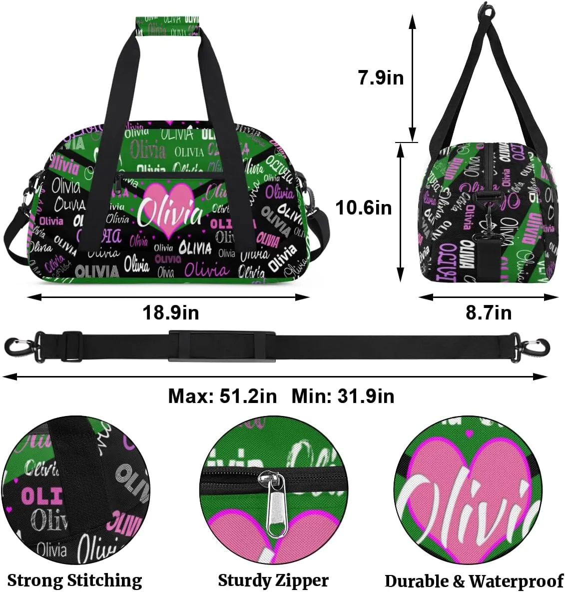 Personalized Cheer Bag Dance Bag Gym Bag, Large Custom Sport Duffel Bag Weekender Bag Travel Duffel Bag Cheerleading Bag, Green and Black