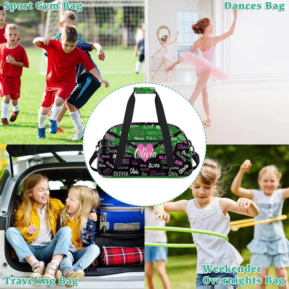 Personalized Cheer Bag Dance Bag Gym Bag, Large Custom Sport Duffel Bag Weekender Bag Travel Duffel Bag Cheerleading Bag, Green and Black