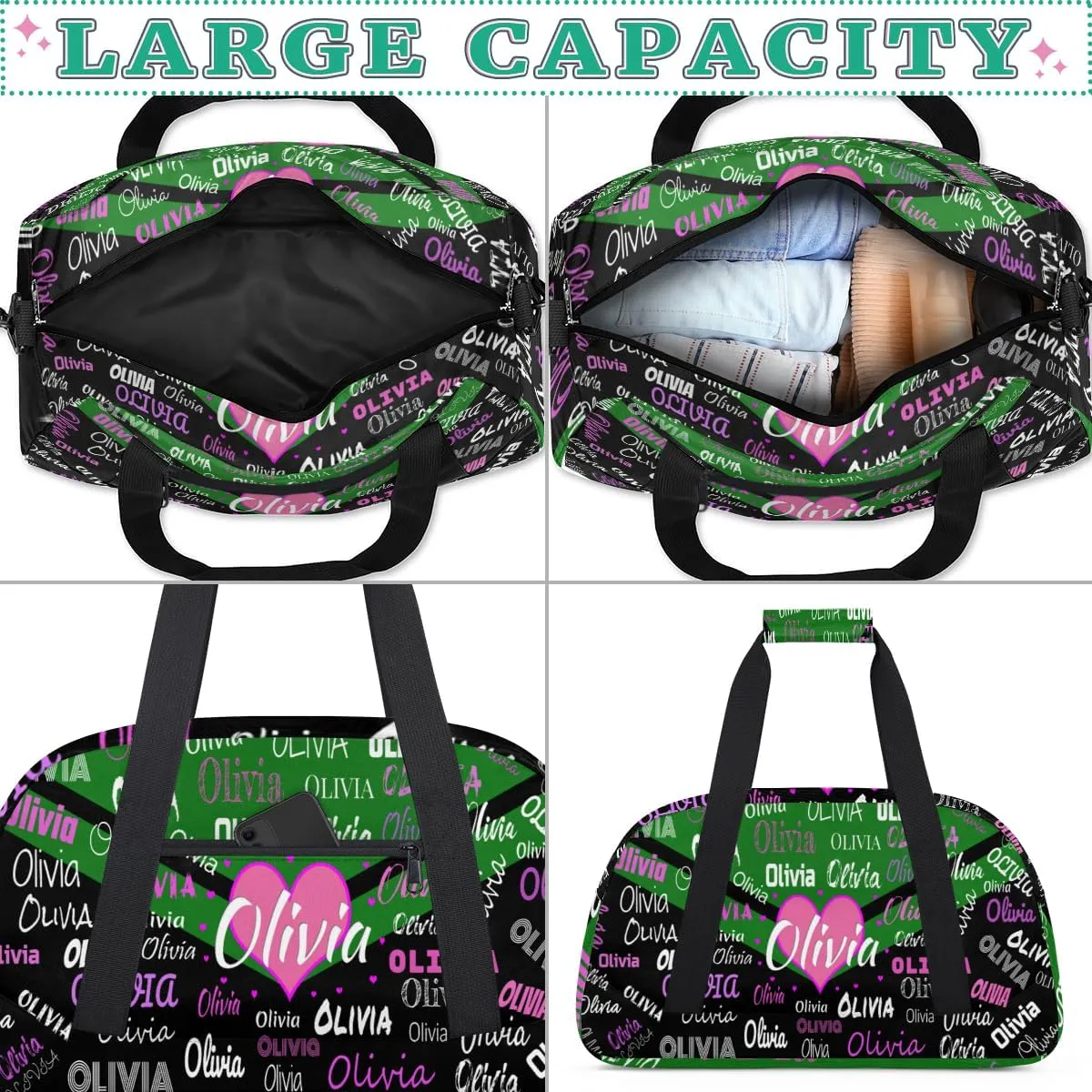 Personalized Cheer Bag Dance Bag Gym Bag, Large Custom Sport Duffel Bag Weekender Bag Travel Duffel Bag Cheerleading Bag, Green and Black