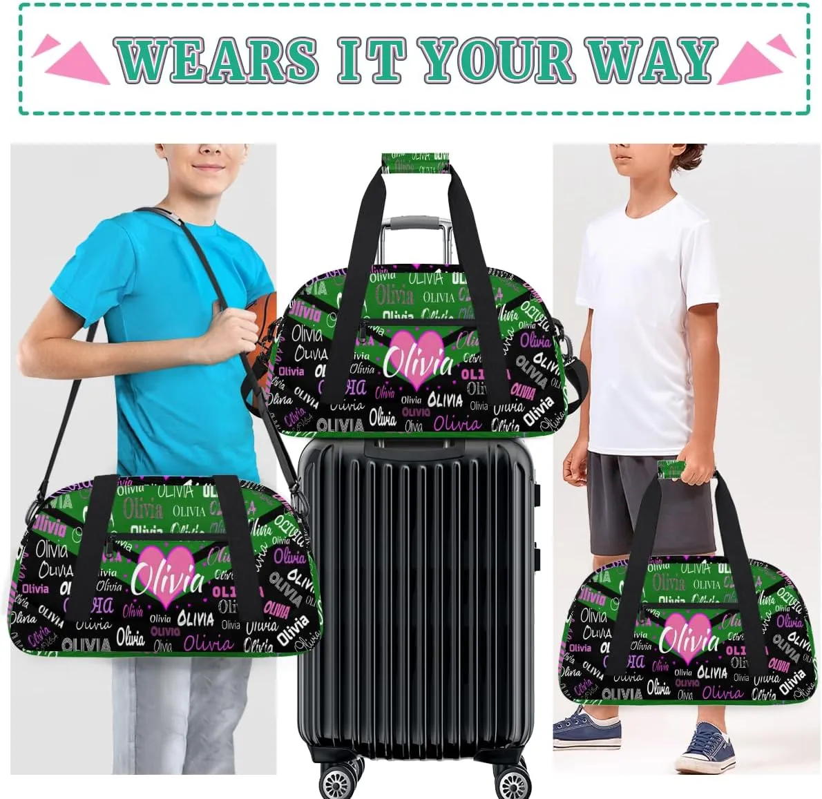 Personalized Cheer Bag Dance Bag Gym Bag, Large Custom Sport Duffel Bag Weekender Bag Travel Duffel Bag Cheerleading Bag, Green and Black