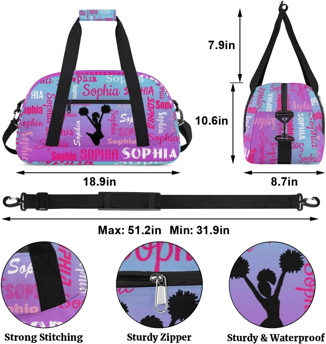 Personalized Cheer Bag Sport Duffel Bag Dance Bag, Overnight Duffel Bags Cheerleader Personalized Gymnastics Duffel Bag Cheerleading Gifts, Blue Purple Gradient