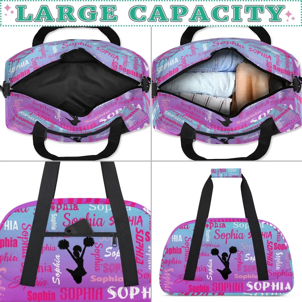 Personalized Cheer Bag Sport Duffel Bag Dance Bag, Overnight Duffel Bags Cheerleader Personalized Gymnastics Duffel Bag Cheerleading Gifts, Blue Purple Gradient