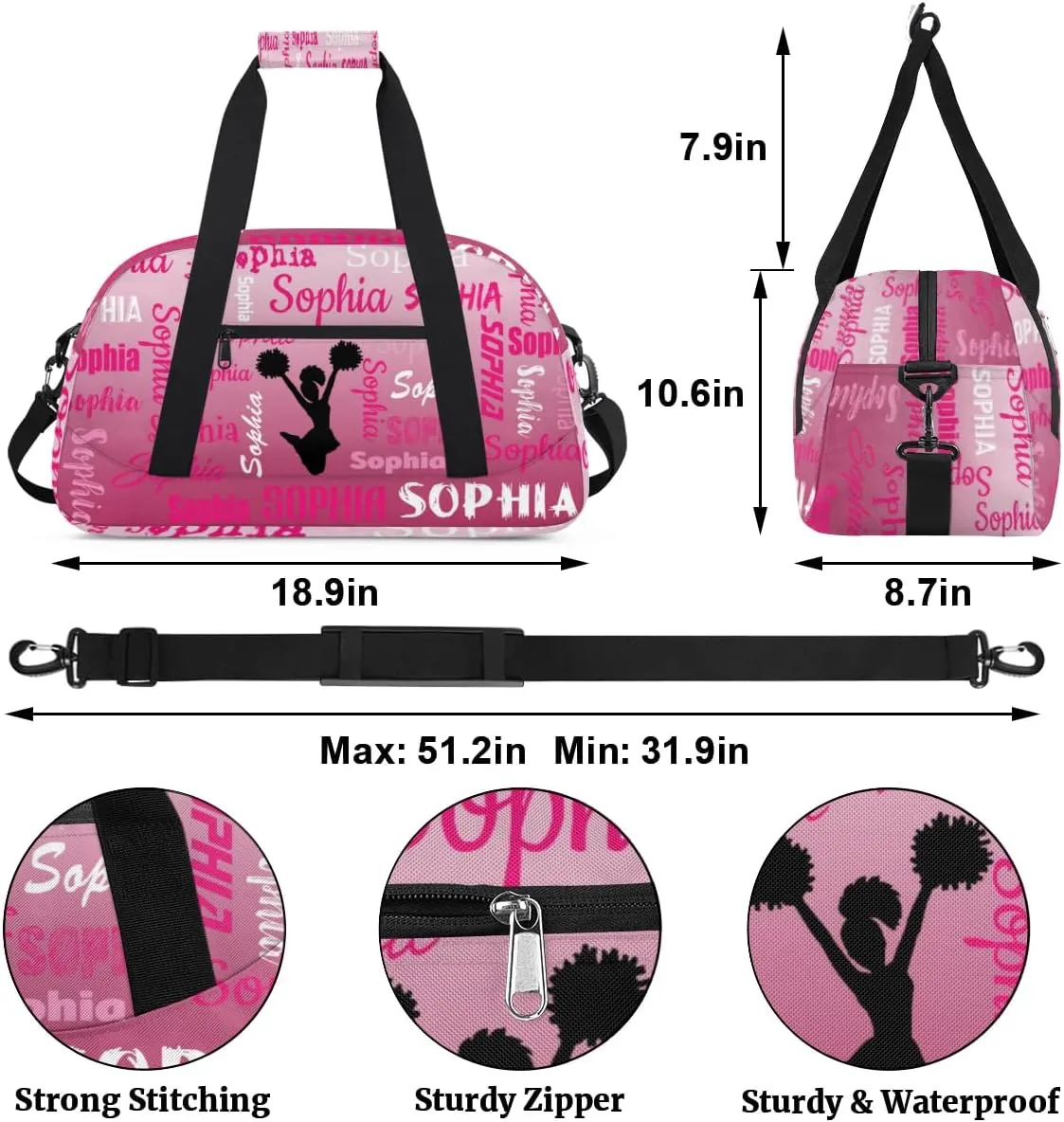 Personalized Cheer Bag Sport Duffel Bag Dance Bag, Overnight Duffel Bags Cheerleader Personalized Gymnastics Duffel Bag Cheerleading Gifts, Dark Pink Gradient