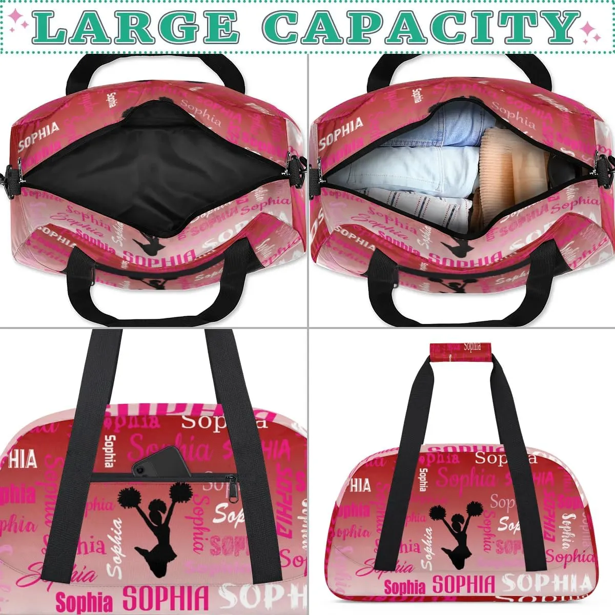 Personalized Cheer Bag Sport Duffel Bag Dance Bag, Overnight Duffel Bags Cheerleader Personalized Gymnastics Duffel Bag Cheerleading Gifts, Deep Red Gradient