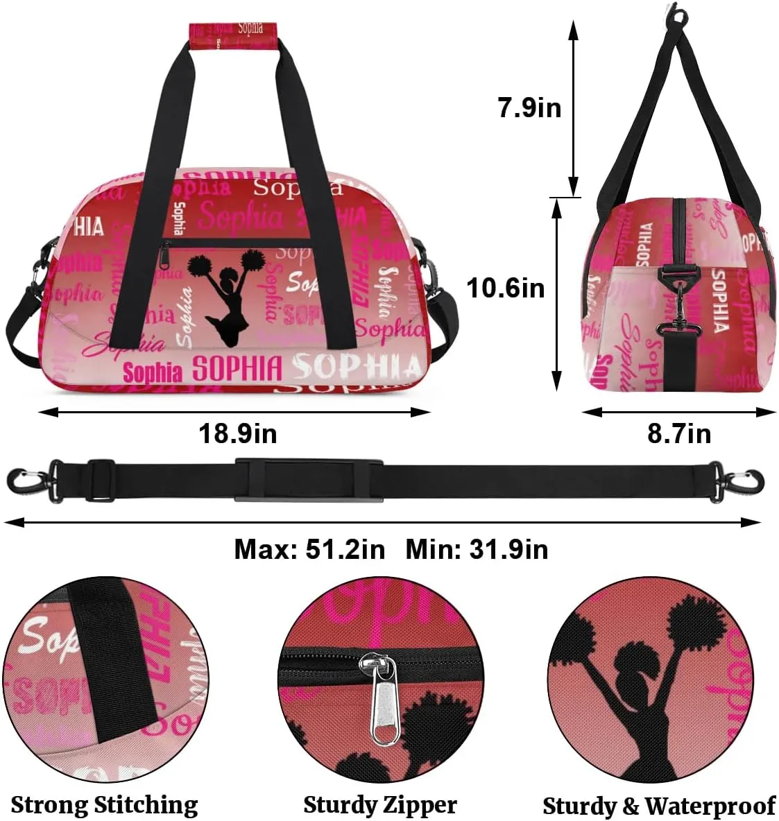 Personalized Cheer Bag Sport Duffel Bag Dance Bag, Overnight Duffel Bags Cheerleader Personalized Gymnastics Duffel Bag Cheerleading Gifts, Deep Red Gradient