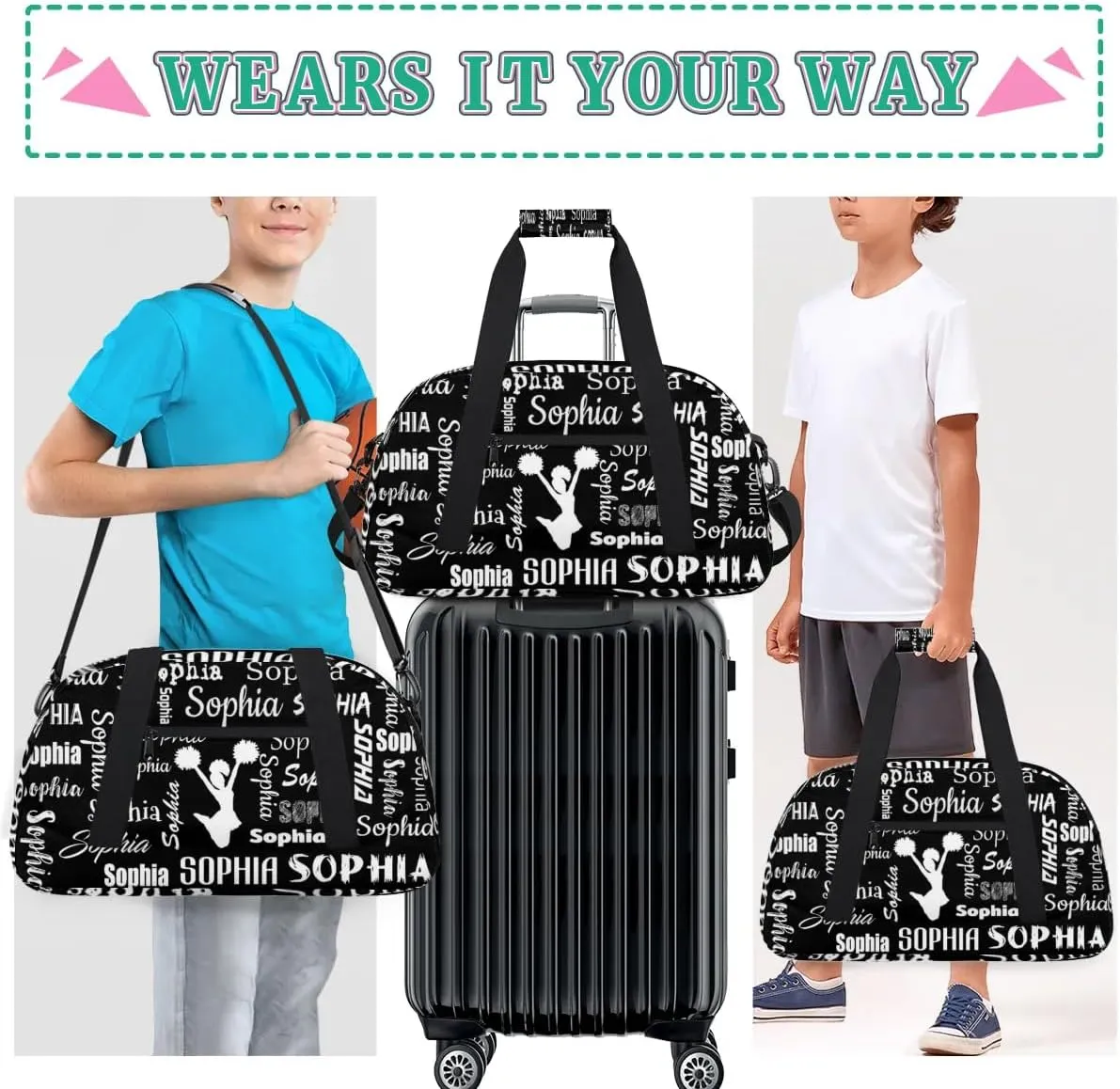 Personalized Cheer Bag Sport Duffel Bag Dance Bag, Overnight Weekender Bags Cheerleader Personalized Gymnastics Duffel Bag Cheerleading Gifts, Black