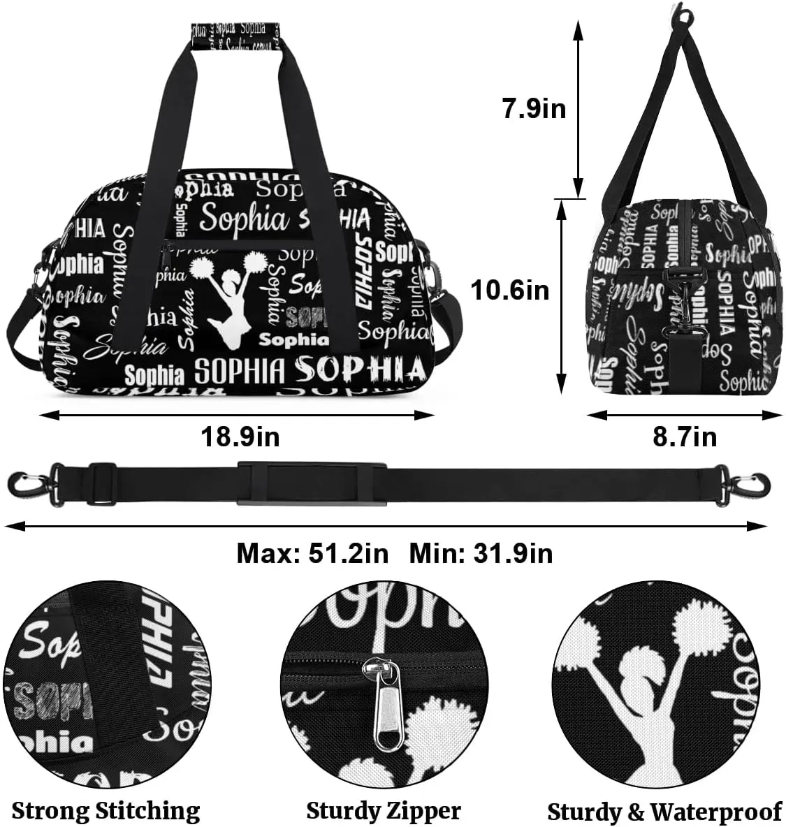 Personalized Cheer Bag Sport Duffel Bag Dance Bag, Overnight Weekender Bags Cheerleader Personalized Gymnastics Duffel Bag Cheerleading Gifts, Black