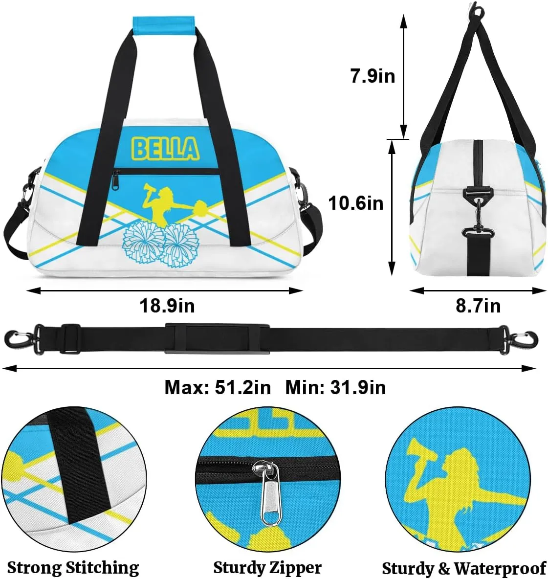 Personalized Cheer Bag Sport Duffel Bag for Girl, Custom Kids Gym Bag, Customize Travel Duffle Bag with Name, Overnight Weekender Bags,Light Blue and White, Cheerleading Gifts