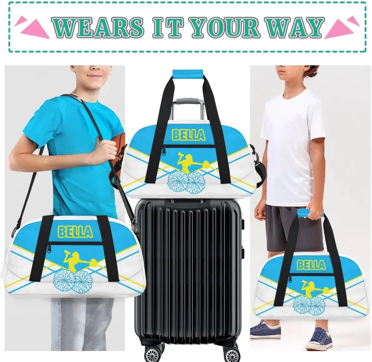 Personalized Cheer Bag Sport Duffel Bag for Girl, Custom Kids Gym Bag, Customize Travel Duffle Bag with Name, Overnight Weekender Bags,Light Blue and White, Cheerleading Gifts