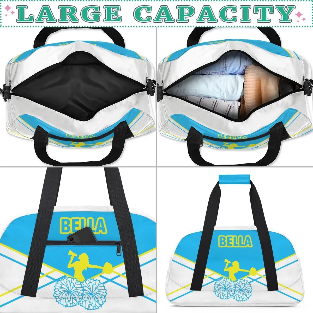 Personalized Cheer Bag Sport Duffel Bag for Girl, Custom Kids Gym Bag, Customize Travel Duffle Bag with Name, Overnight Weekender Bags,Light Blue and White, Cheerleading Gifts