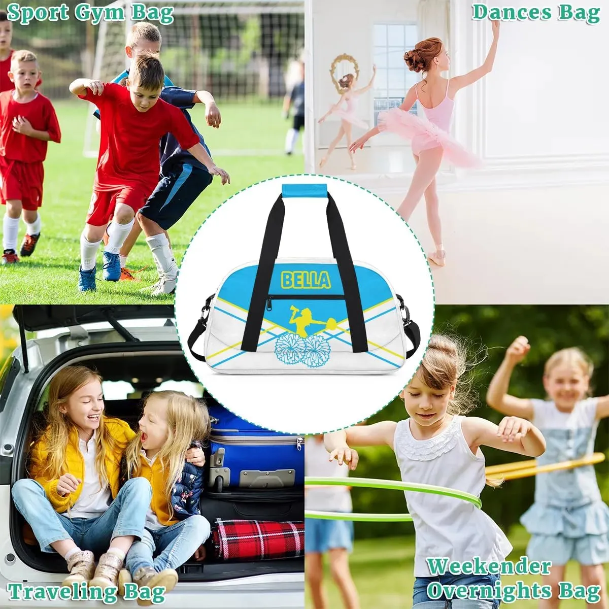 Personalized Cheer Bag Sport Duffel Bag for Girl, Custom Kids Gym Bag, Customize Travel Duffle Bag with Name, Overnight Weekender Bags,Light Blue and White, Cheerleading Gifts