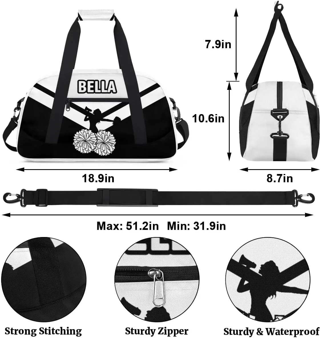 Personalized Cheer Bag Sport Duffel Bag for Girl, Custom Kids Gym Bag, Customize Travel Duffle Bag with Name, Overnight Weekender Bags,White Black, Cheerleading Gifts