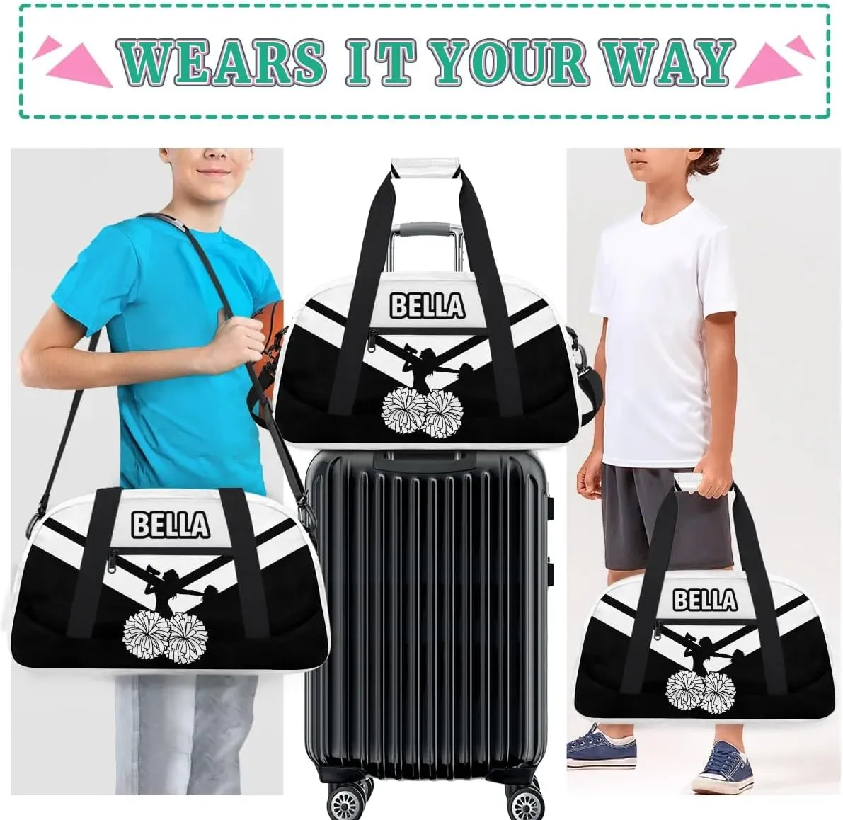 Personalized Cheer Bag Sport Duffel Bag for Girl, Custom Kids Gym Bag, Customize Travel Duffle Bag with Name, Overnight Weekender Bags,White Black, Cheerleading Gifts