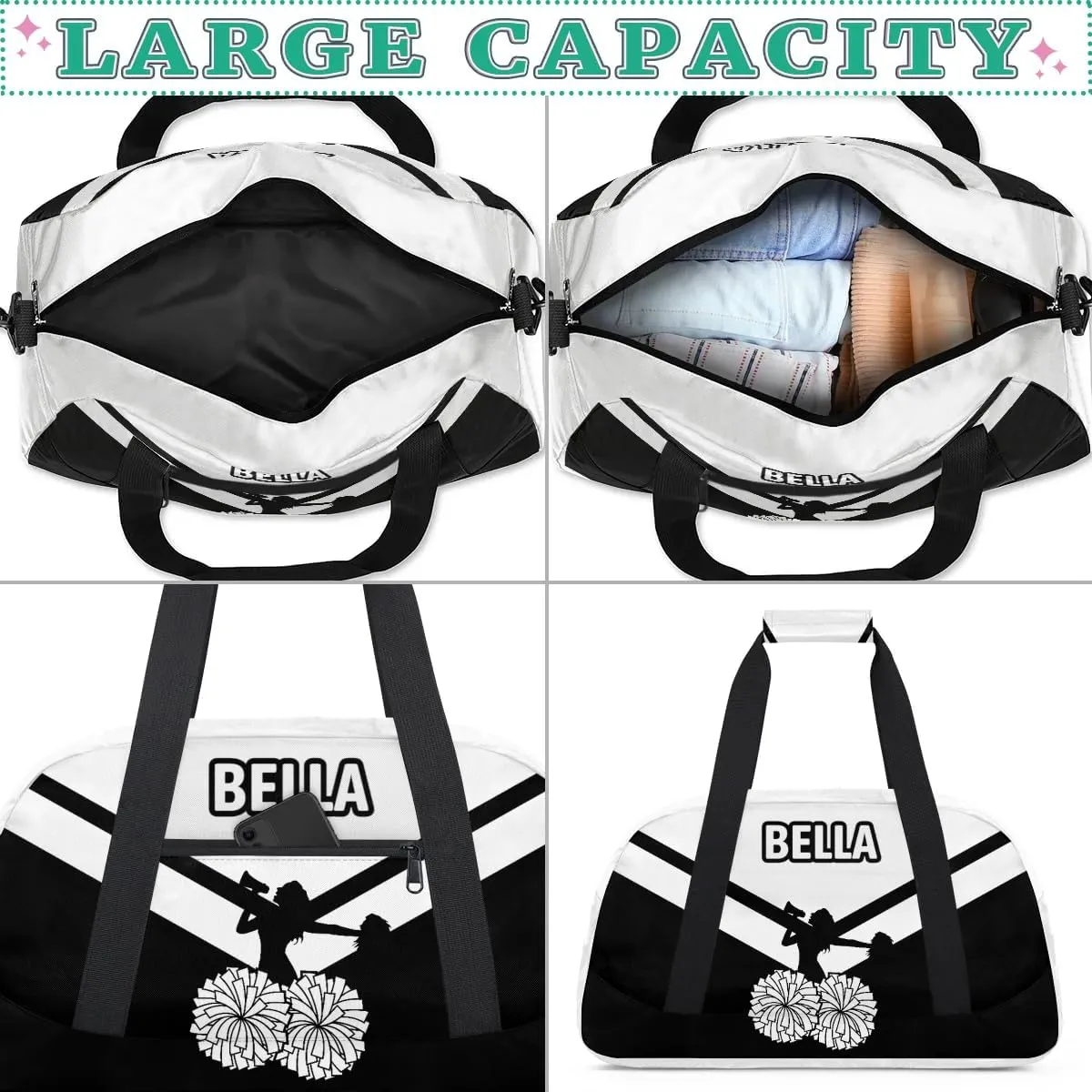 Personalized Cheer Bag Sport Duffel Bag for Girl, Custom Kids Gym Bag, Customize Travel Duffle Bag with Name, Overnight Weekender Bags,White Black, Cheerleading Gifts