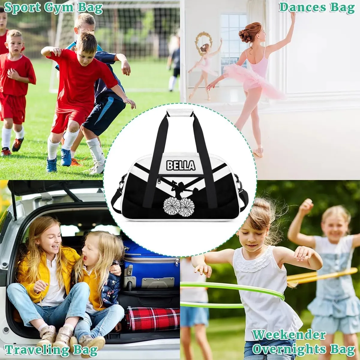 Personalized Cheer Bag Sport Duffel Bag for Girl, Custom Kids Gym Bag, Customize Travel Duffle Bag with Name, Overnight Weekender Bags,White Black, Cheerleading Gifts