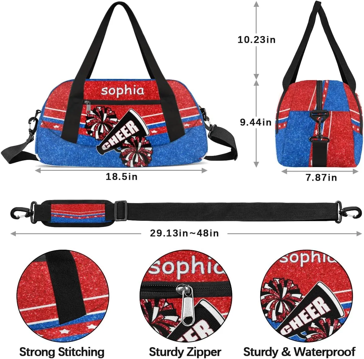 Personalized Cheer Bag with Name Custom Sport Duffel Bag for Girls Cheerleader Bags Overnight Weekender Bags Carry On Travel Bag, Glitter Blue Red