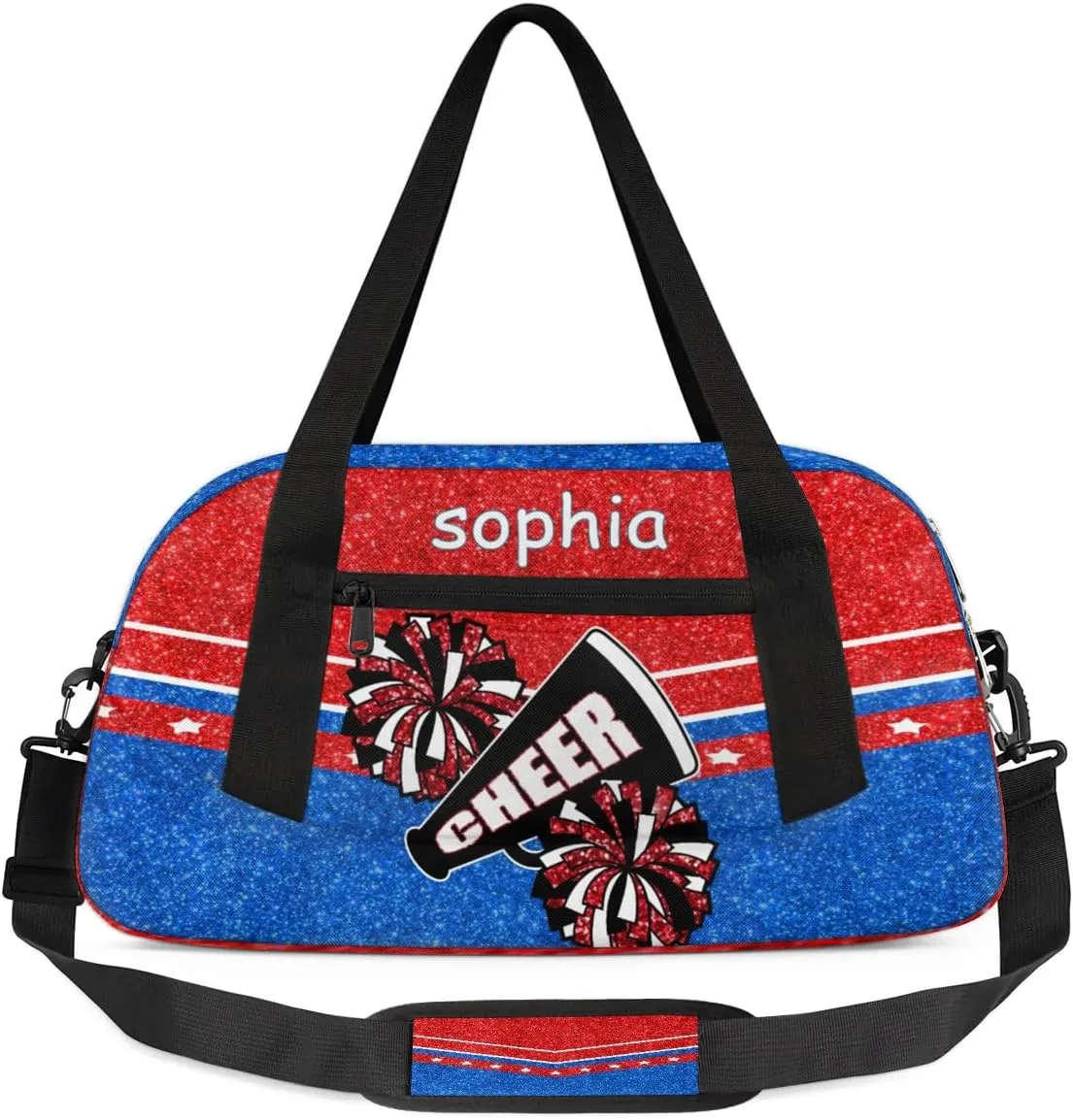 Personalized Cheer Bag with Name Custom Sport Duffel Bag for Girls Cheerleader Bags Overnight Weekender Bags Carry On Travel Bag, Glitter Blue Red