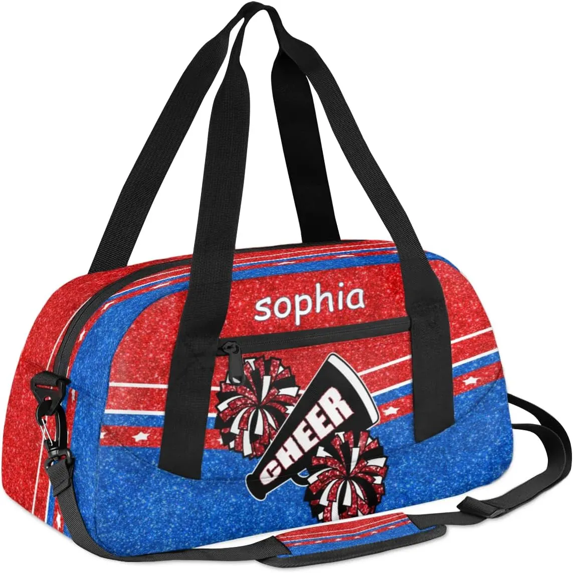 Personalized Cheer Bag with Name Custom Sport Duffel Bag for Girls Cheerleader Bags Overnight Weekender Bags Carry On Travel Bag, Glitter Blue Red